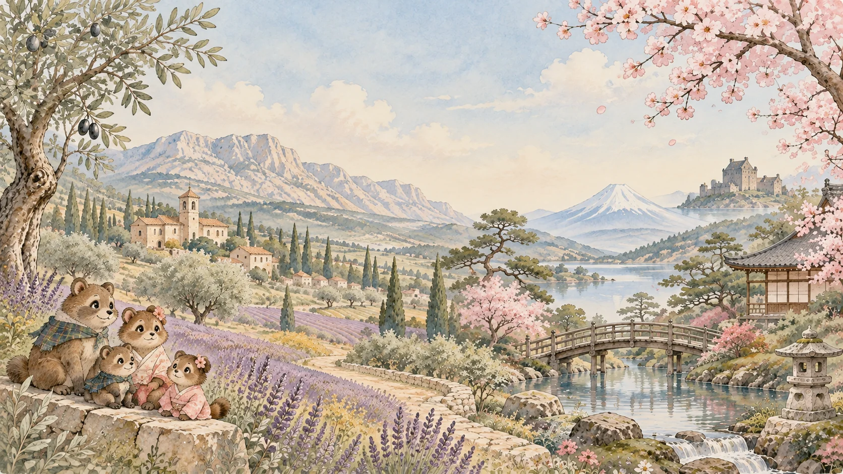 Quatre tanuki dans un paysage de Provence, du Japon et d’Écosse